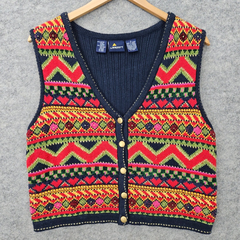Lizsport Women Navy Sweater Vest Size S Cotton/Acrylic Geometric V-Neck Cardigan
